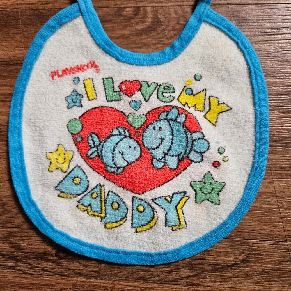 Vintage Playskool I Love My Daddy Terry‎ Cloth Baby Bib Blue Fish Tie Closure OS